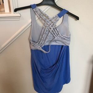 Lululemon blue tank, grey & white bra, open back
